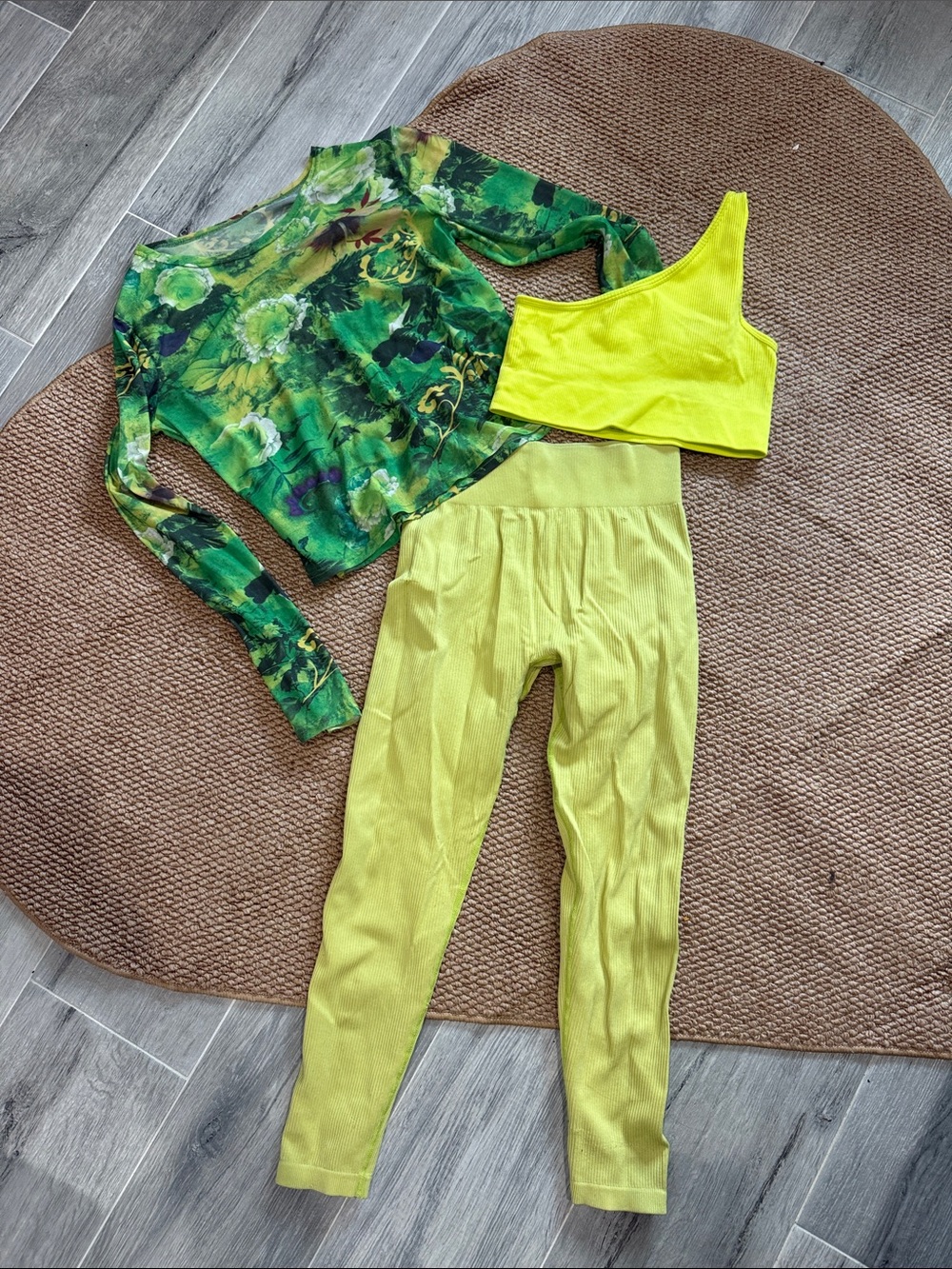 Neon Lime High-Waist Ribbed Leggings with One-Shoulder Crop Top & Sheer Top Set